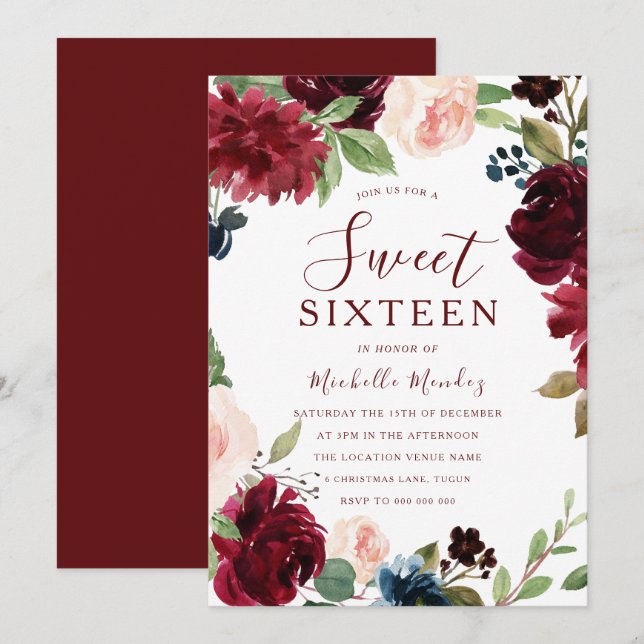 Convite Burgundy Maroon Red Floral Sweet 16 Party (Frente/Verso)