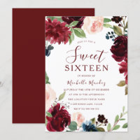 Burgundy Maroon Red Floral Sweet 16 Party