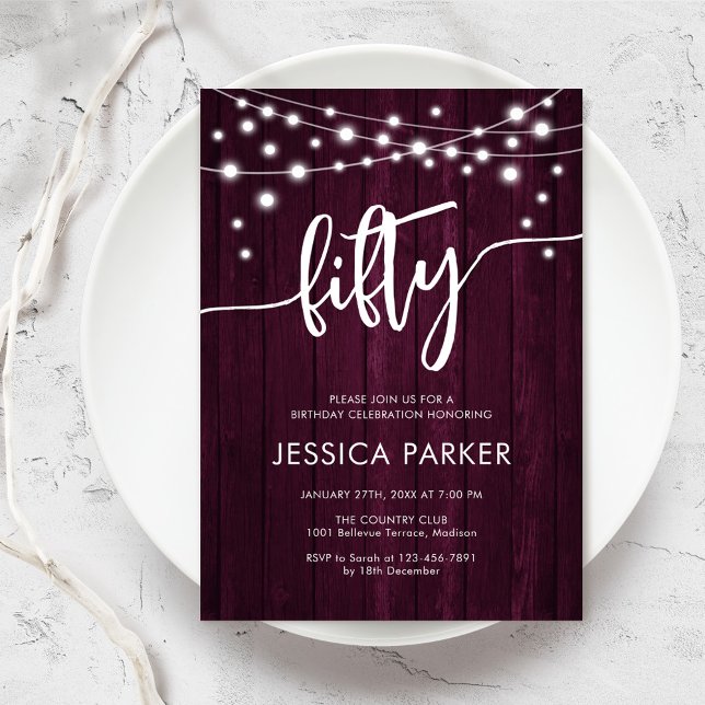 Convite Burgundy Maroon Rustic Wood 50ª Festa de aniversár (Criador carregado)