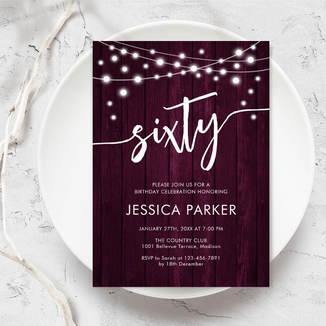 Convite Burgundy Maroon Rustic Wood 60ª Festa de aniversár (Criador carregado)