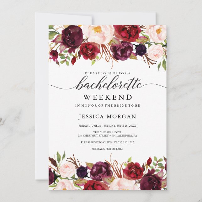 Convite Burgundy Marsala Bachelorette Weekend Itinerário (Frente)