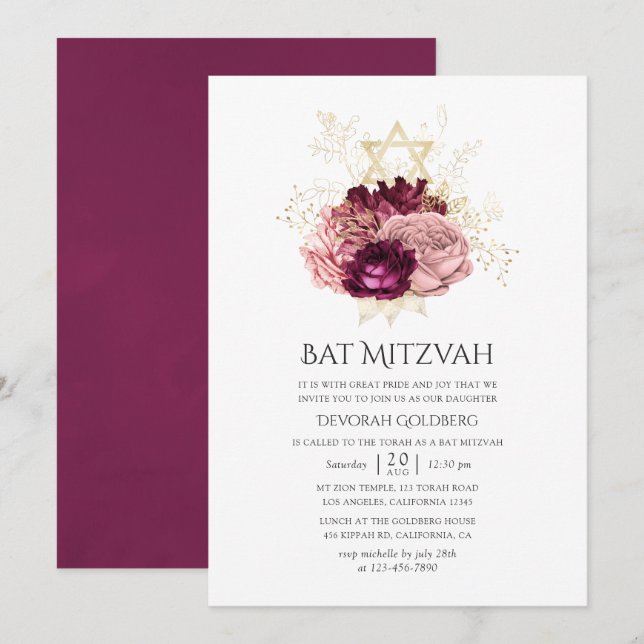 Convite Burgundy Marsala Bege e Dourado Bat Mitzvah (Frente/Verso)
