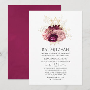 Convite Burgundy Marsala Bege e Dourado Bat Mitzvah