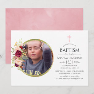 Convite Burgundy-Marsala e Batismo ou Batizado Cor-de-Rosa
