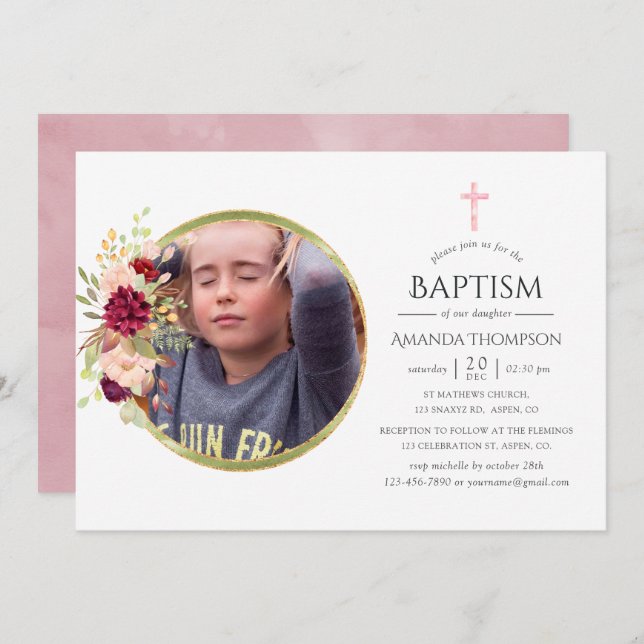 Convite Burgundy-Marsala e Blush Baptism ou Christening (Frente/Verso)