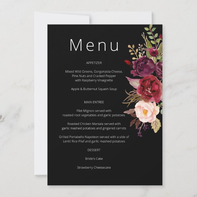 Convite Burgundy Marsala e Blush Floral Menu - Black Inv (Frente)
