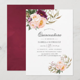 Convite Burgundy - Marsala e Floral de Pêssego Quinceañera