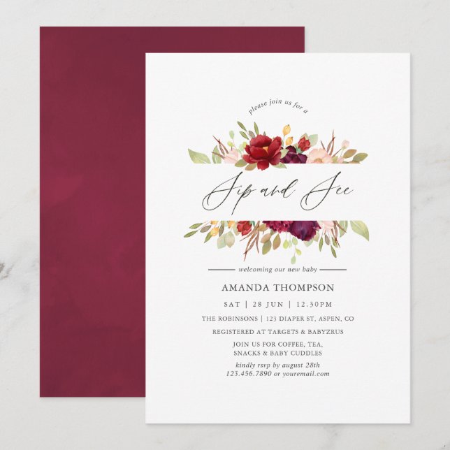 Convite Burgundy - Marsala e floral rosé para prova e visu (Frente/Verso)