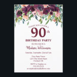 Convite Burgundy Marsala Floral 90 Festa de aniversário<br><div class="desc">Design de cor da água floral moderna em Burgundy Marsala com folhas verdes azuis. Este é um modelo pronto para que você adicione os detalhes de sua festa. Se você quiser alterar a cor ou o estilo da fonte,  clique em personalizar ainda mais no final do modelo.</div>