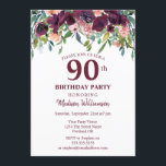 Convite Burgundy Marsala Floral 90 Festa de aniversário<br><div class="desc">Design de cor da água floral moderna em Burgundy Marsala com folhas verdes azuis. Este é um modelo pronto para que você adicione os detalhes de sua festa. Se você quiser alterar a cor ou o estilo da fonte,  clique em personalizar ainda mais no final do modelo.</div>