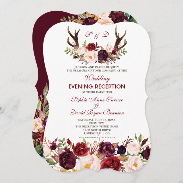Convite Burgundy Marsala Floral Antlers (Frente/Verso)