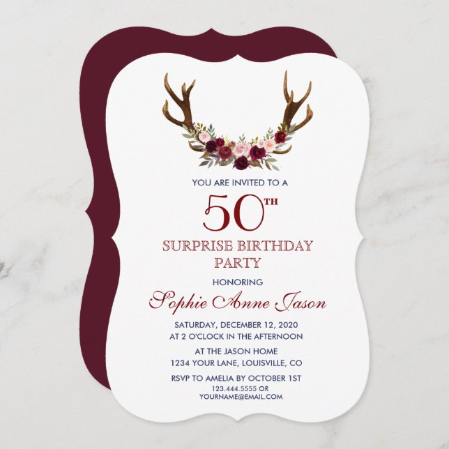 Convite Burgundy Marsala Floral Antlers 50º Aniversário (Frente/Verso)