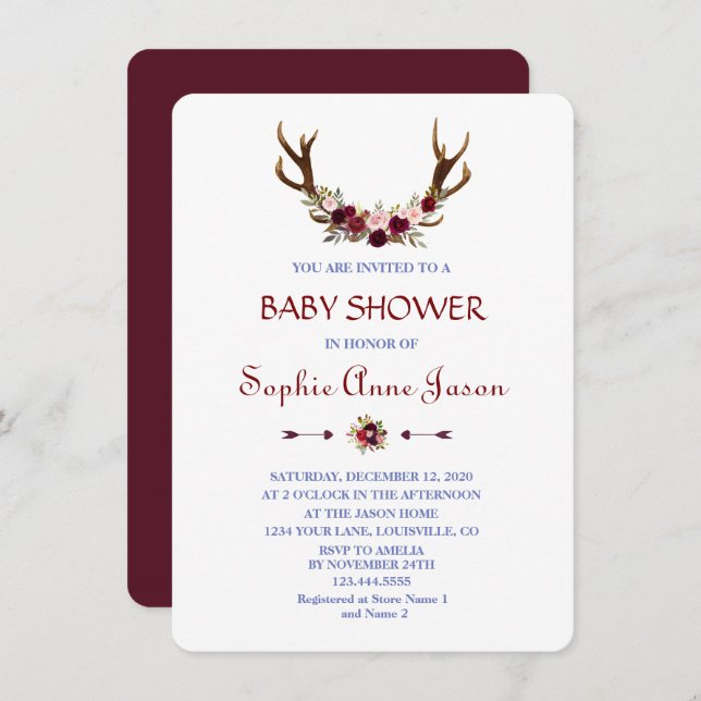 Convite Burgundy Marsala Floral Antlers Baby Shower (Frente/Verso)