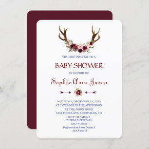 Convite Burgundy Marsala Floral Antlers Baby Shower