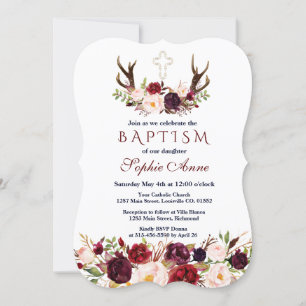 Convite Burgundy Marsala Floral Antlers Baptism