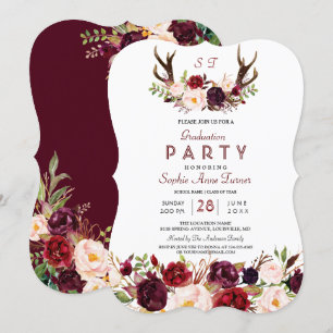 Convite Burgundy Marsala Floral Antlers Festa de formatura