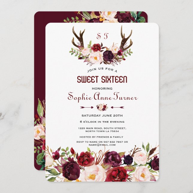 Convite Burgundy Marsala Floral Antlers Monograma Sweet 16 (Frente/Verso)