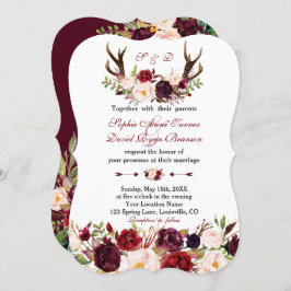 Convite Burgundy Marsala Floral Antlers Monogramas