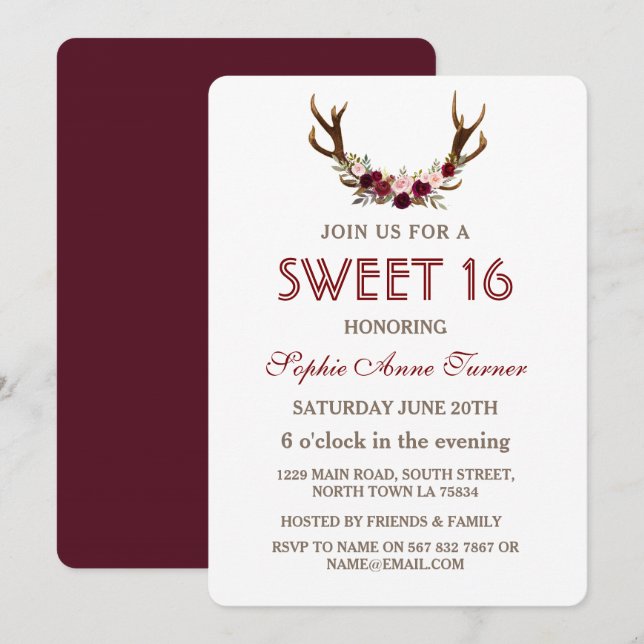 Convite Burgundy Marsala Floral Antlers Sweet 16 Invite (Frente/Verso)