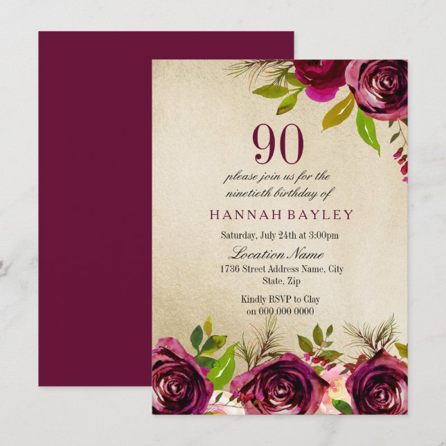 Convite Burgundy Marsala Floral Dourado 90 de Aniversário  (Frente/Verso)