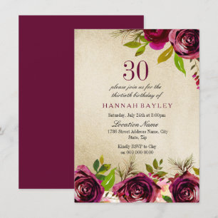 Convite Burgundy Marsala Floral Dourado aniversário de 30