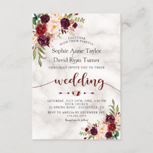 Convite Burgundy Marsala Floral Marble Casamento de Escrit