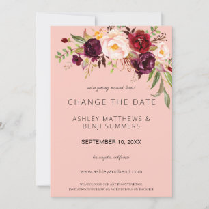 Convite Burgundy Marsala Floral Mudar a Data - Rosa 2
