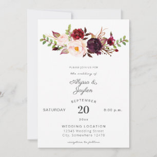 Convite Burgundy Marsala Pink Casamento Floral 2 Branco