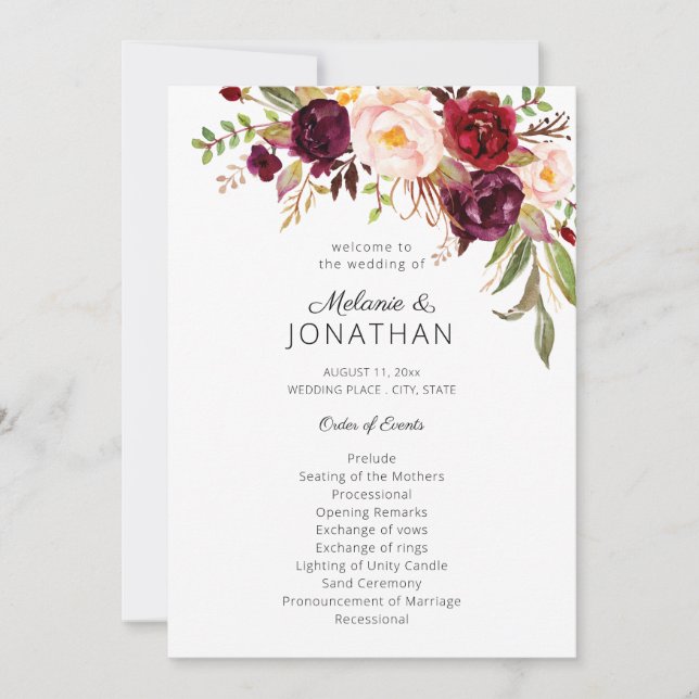 Convite Burgundy Marsala Programa Floral Casamento White V (Frente)