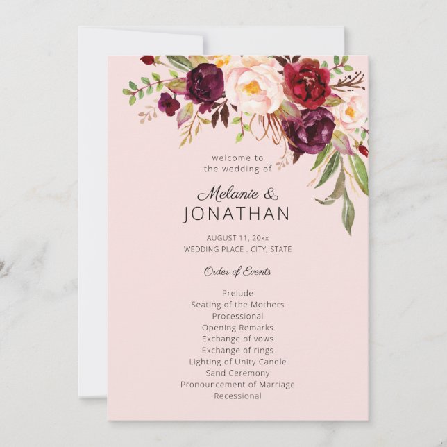 Convite Burgundy Marsala Programa Floral de Casamento Rosa (Frente)