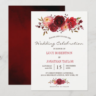Convite Burgundy Marsala Rosas vermelhas Casamento Floral