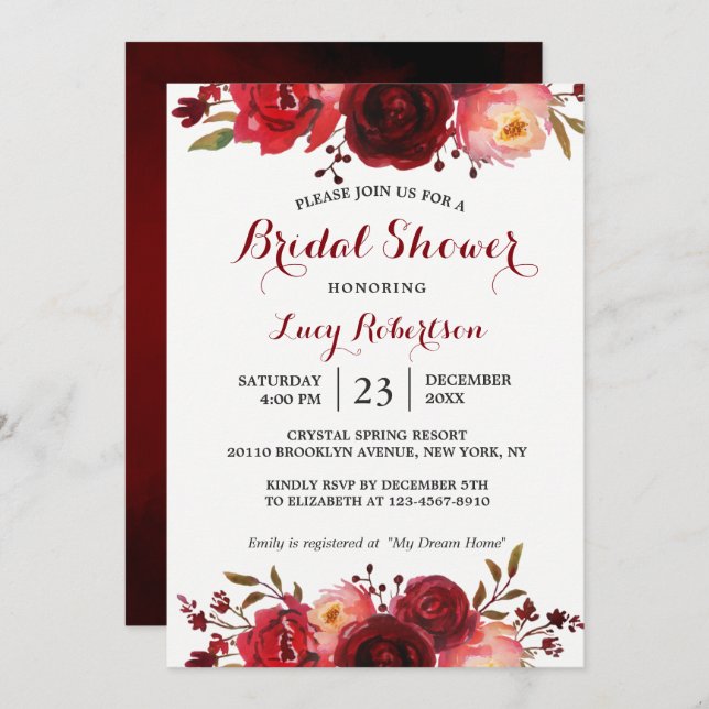Convite Burgundy Marsala Rosas vermelhas Chá de panela Flo (Frente/Verso)