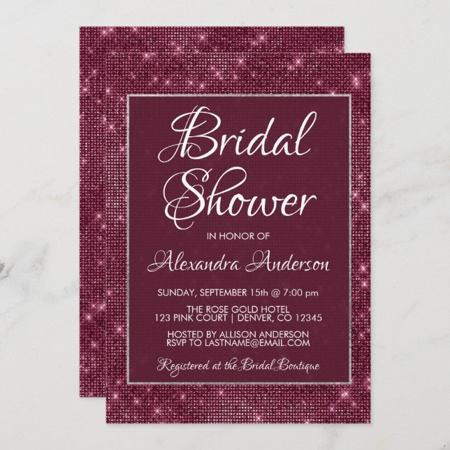 Convite Burgundy Marsala Sparkle Chá de panela (Frente/Verso)