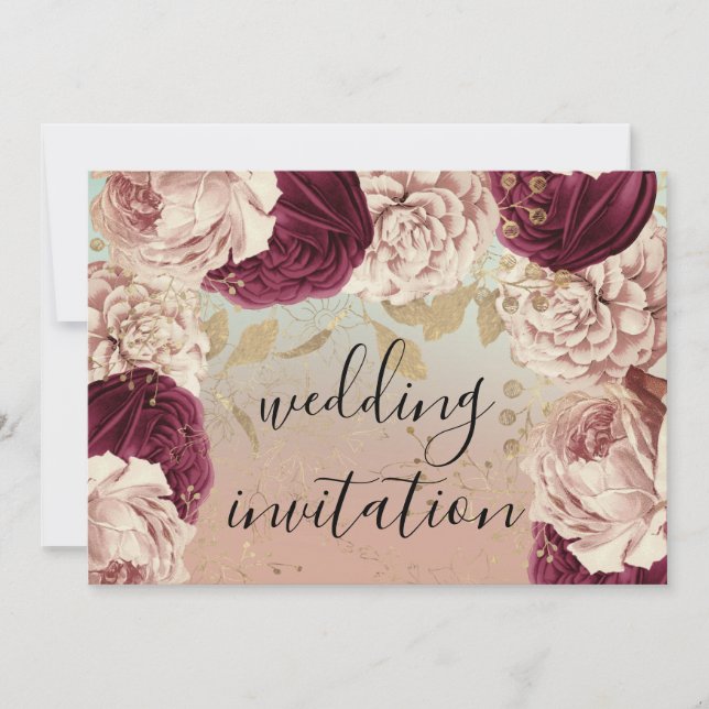 Convite Burgundy Marsala WedRosa Blue Rosa Floral (Frente)