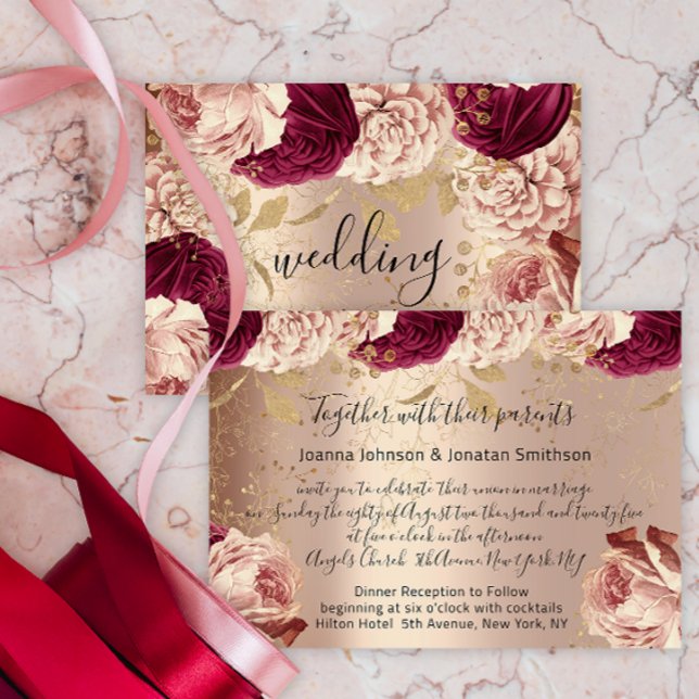 Convite Burgundy Marsala WedRosa Dourado Rosa Rosa (Burgundy Marsala Wedding Rose Gold Roses Pink Invitation)