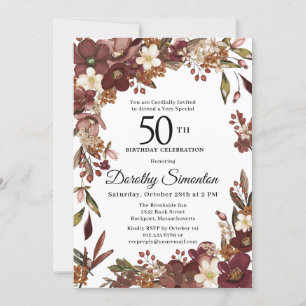 Convite Burgundy Mauve Ivory Fall Floral 50º Aniversário