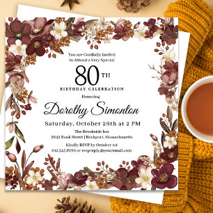 Convite Burgundy Mauve Ivory Fall Floral 80 Birthday
