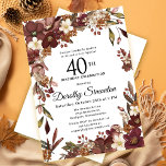 Convite Burgundy Mauve Ivory Fall Floral aniversário de 40<br><div class="desc">Flores elegantes,  maduras e flores brancas de marfim criam um quadro floral muito bonito. Berries e ramos dão uma vibração Boho moderna e rústica. O nome do celebrante de aniversário é escrito em uma fonte de script de eterno. Este artigo faz parte da coleção Borgonha,  Mauve e White Floral.</div>