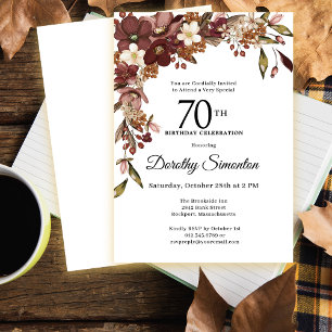 Convite Burgundy Mauve Ivory Fall Flowers 70 Aniversário
