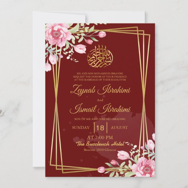 Convite Burgundy Modern, Chic Floral Muslim Casamento (Frente)
