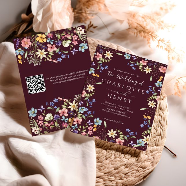 Convite Burgundy Modern QR Code Wildflower Wedding (Criador carregado)
