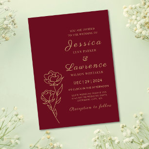 Convite Burgundy Moderna Elegante e Casamento Floral de ou