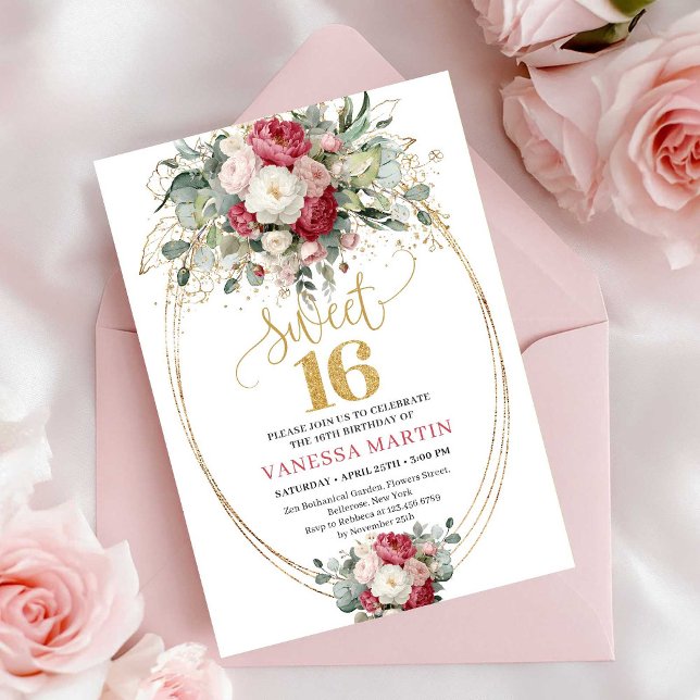 Convite Burgundy Moderno Flores Cor-de-Rosa Aniversário de (Modern Burgundy Blush Floral Sweet 16 Birthday Invitation)