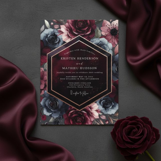 Convite Burgundy Moody Bloom Romance Wedding (Criador carregado)
