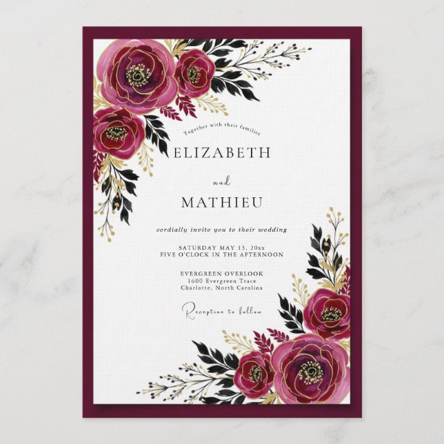 Convite Burgundy Moody Bloom Wedding (Frente)