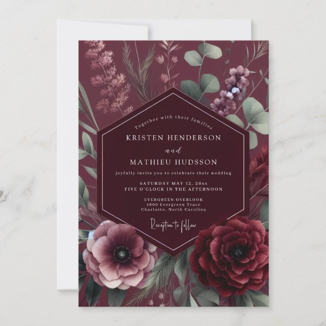Convite Burgundy Moody Botanical Romance Wedding (Frente)