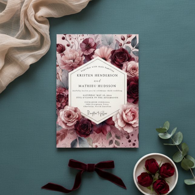 Convite Burgundy Moody Floral Romance Wedding (Criador carregado)