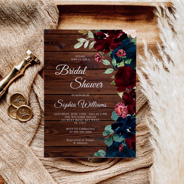 Convite Burgundy & Navy Blue Flowers Wood Bridal Shower (Criador carregado)