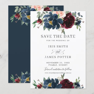Convite Burgundy Navy Blush Floral Casamento Salve a Data