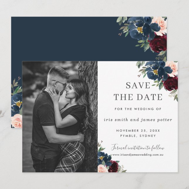 Convite Burgundy Navy Blush Floral Foto Salve a Data (Frente/Verso)